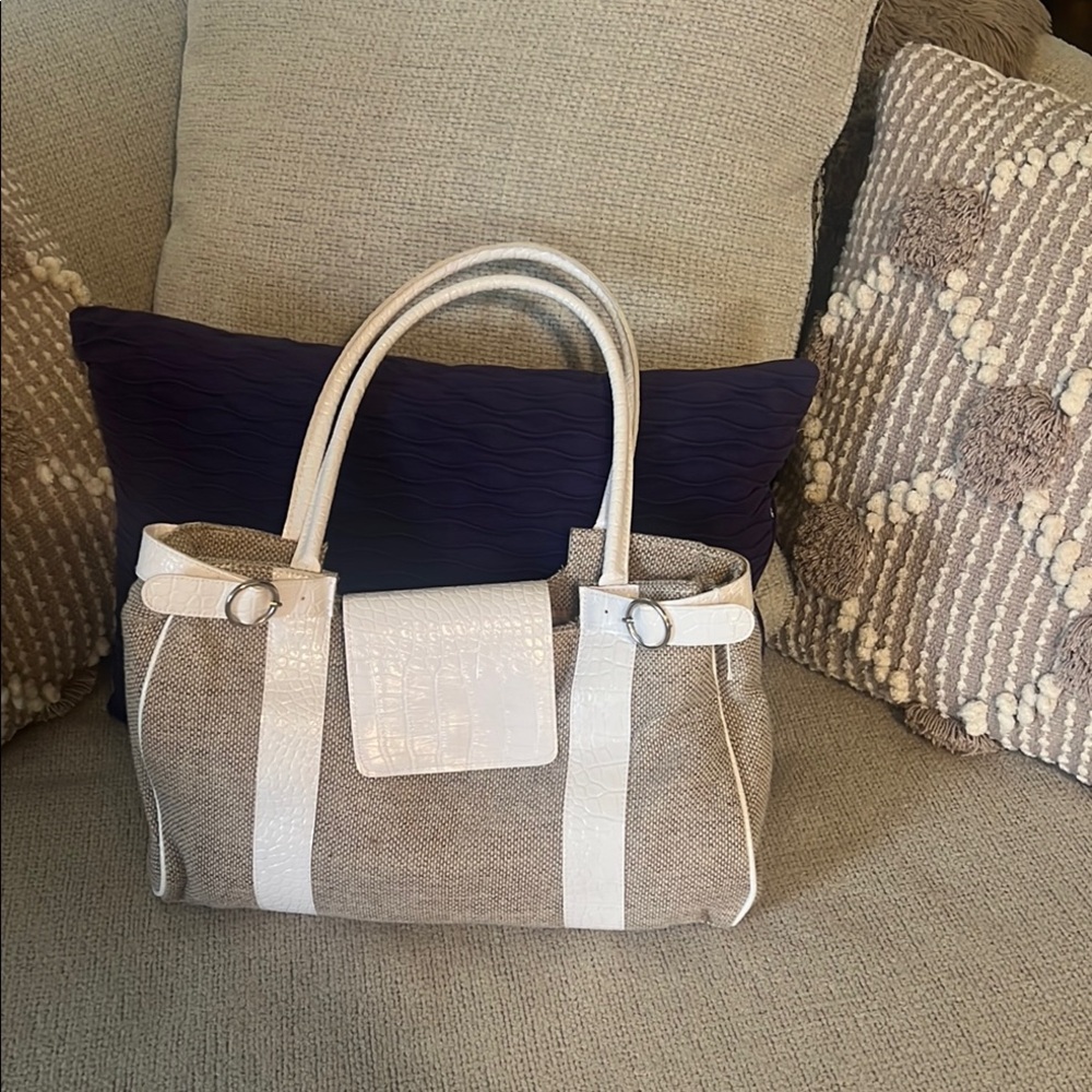 Elegant White and Tan Women's Handbag